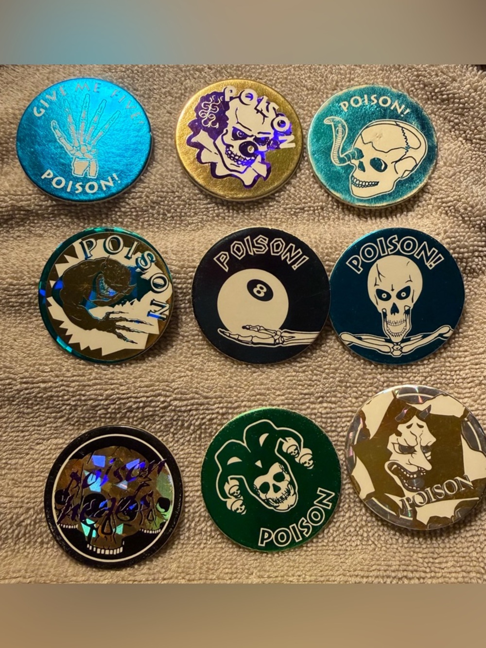 POISON! Decorative Skull Button Pack - Blue, Teal, Green, Black set of 9 POGS